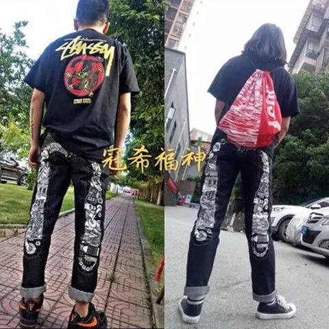 Мужские дышащие прямые брюки Evisu повседневные джинсы в стиле хип-хоп с вышитым