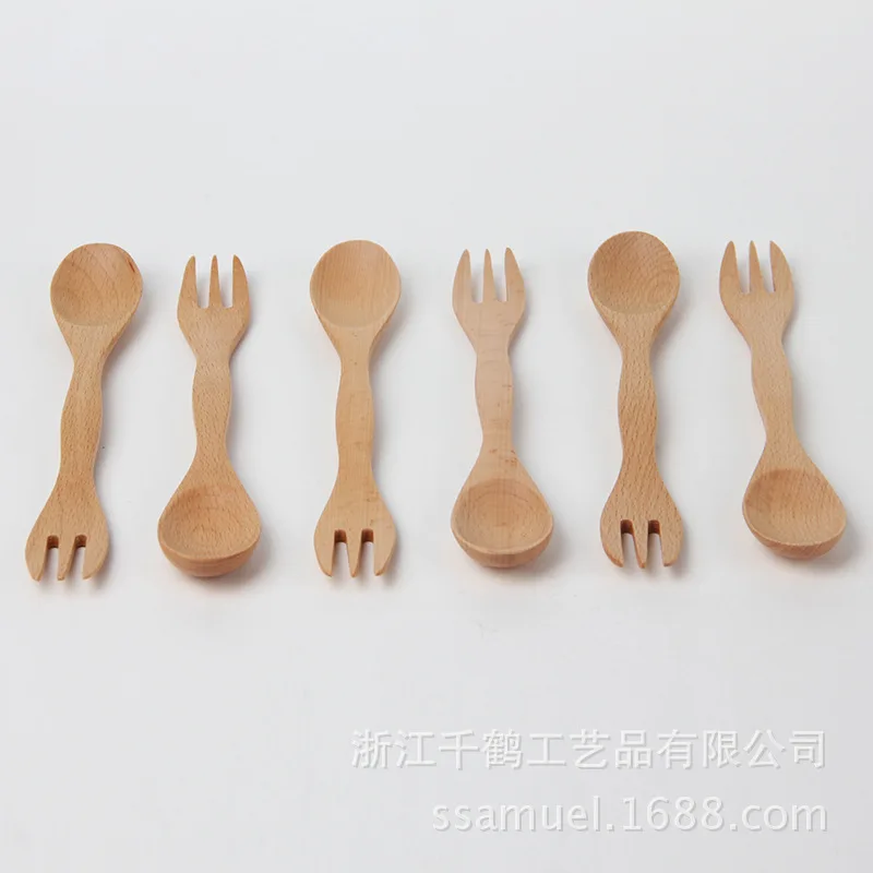 Натуральный Spork деревянная ложка из бука вилка двойного назначения креативный