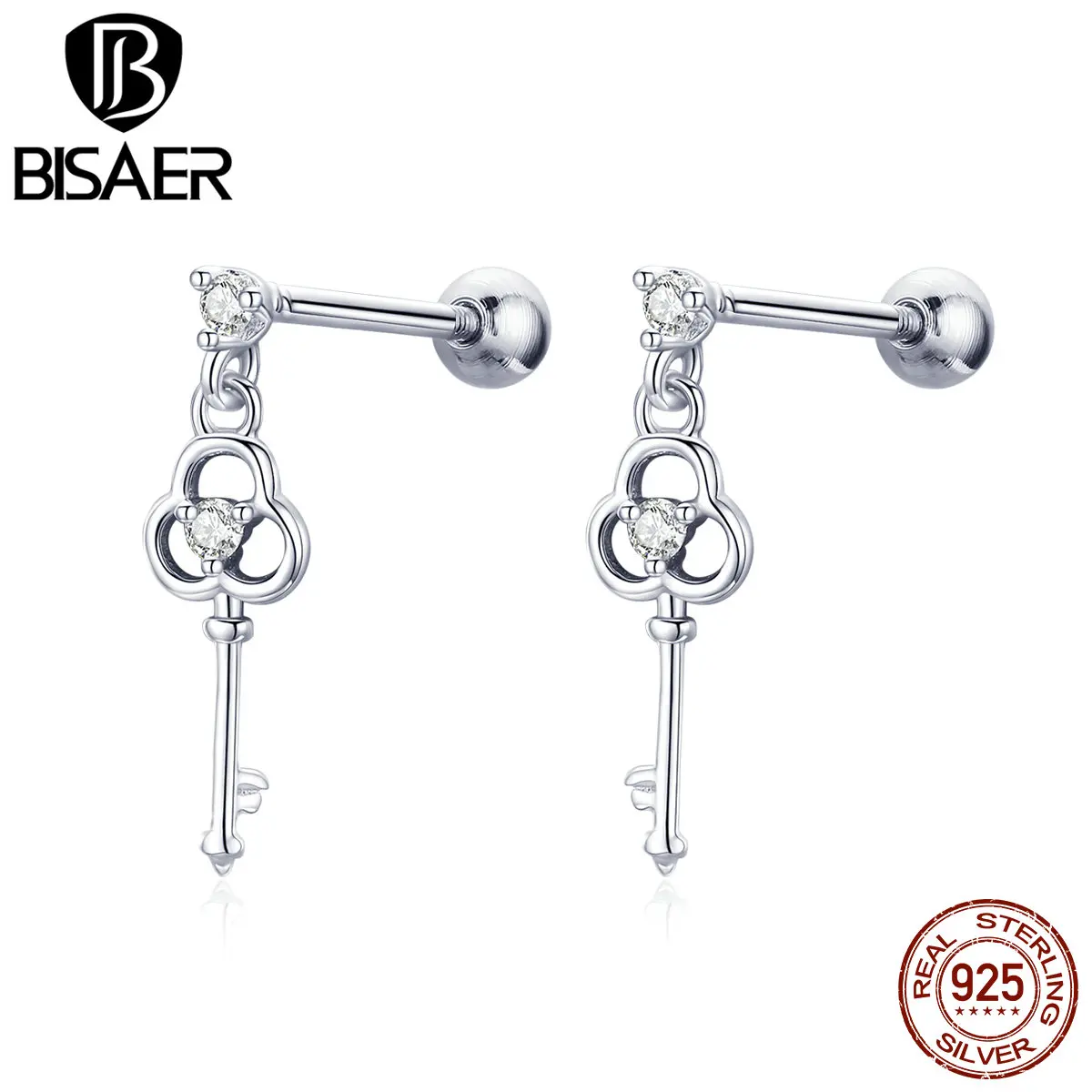 BISAER, новинка, модные ювелирные изделия, Настоящее серебро, 925,, ключ сердца, CZ, серьги-капли, свадебные для женщин, подарок, HSE539