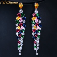 cwwzircons multi color flower shape statement cubic zirconia long dangling earrings fashion bridal wedding party jewelry cz422