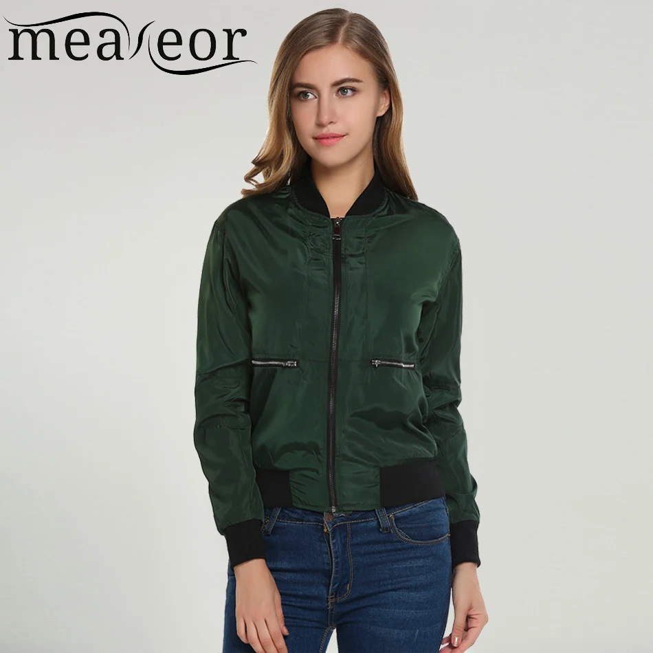 Meaneor Женская Осенняя Классическая бейсбольная куртка бомбер на молнии с длинным