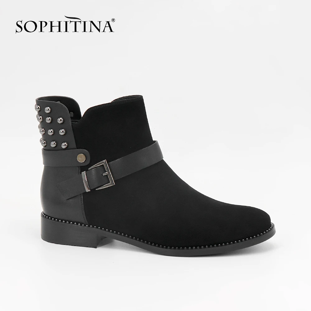 SOPHITINA/Новинка года; модные ботинки из замши и овчины с круглым носком; удобные ботинки в стиле панк с заклепками на квадратном каблуке с пряжкой и ремешком; ML23