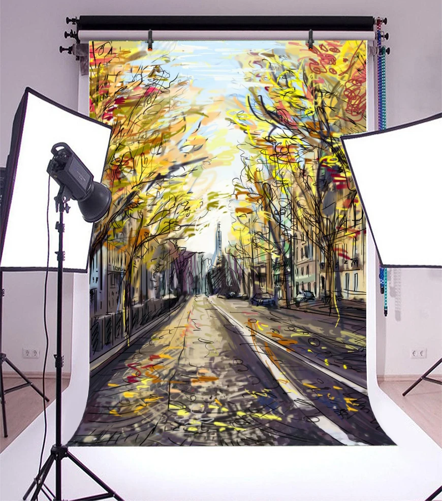 Laeacco Graffiti Cartoon Town Street Fallen Leaves Pattern Photo Backgrounds Customized Photography Backdrops For Studio | Электроника