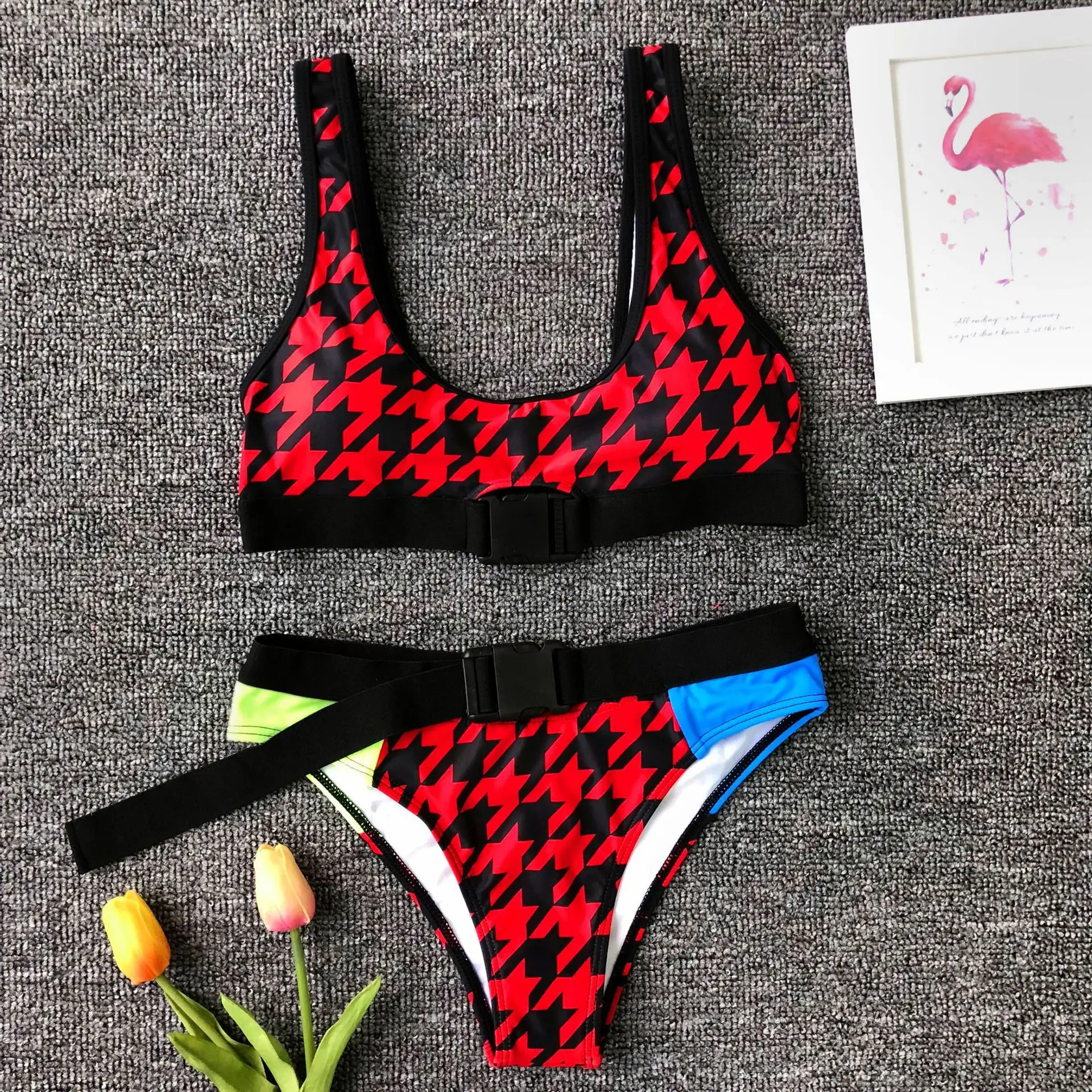 

Buckle Adjustable Straps Bikini High Waist Patchwork Biquini 2019 Summer Push Up Bathing Suit Bikiny Retro Two Piece Swimsuit