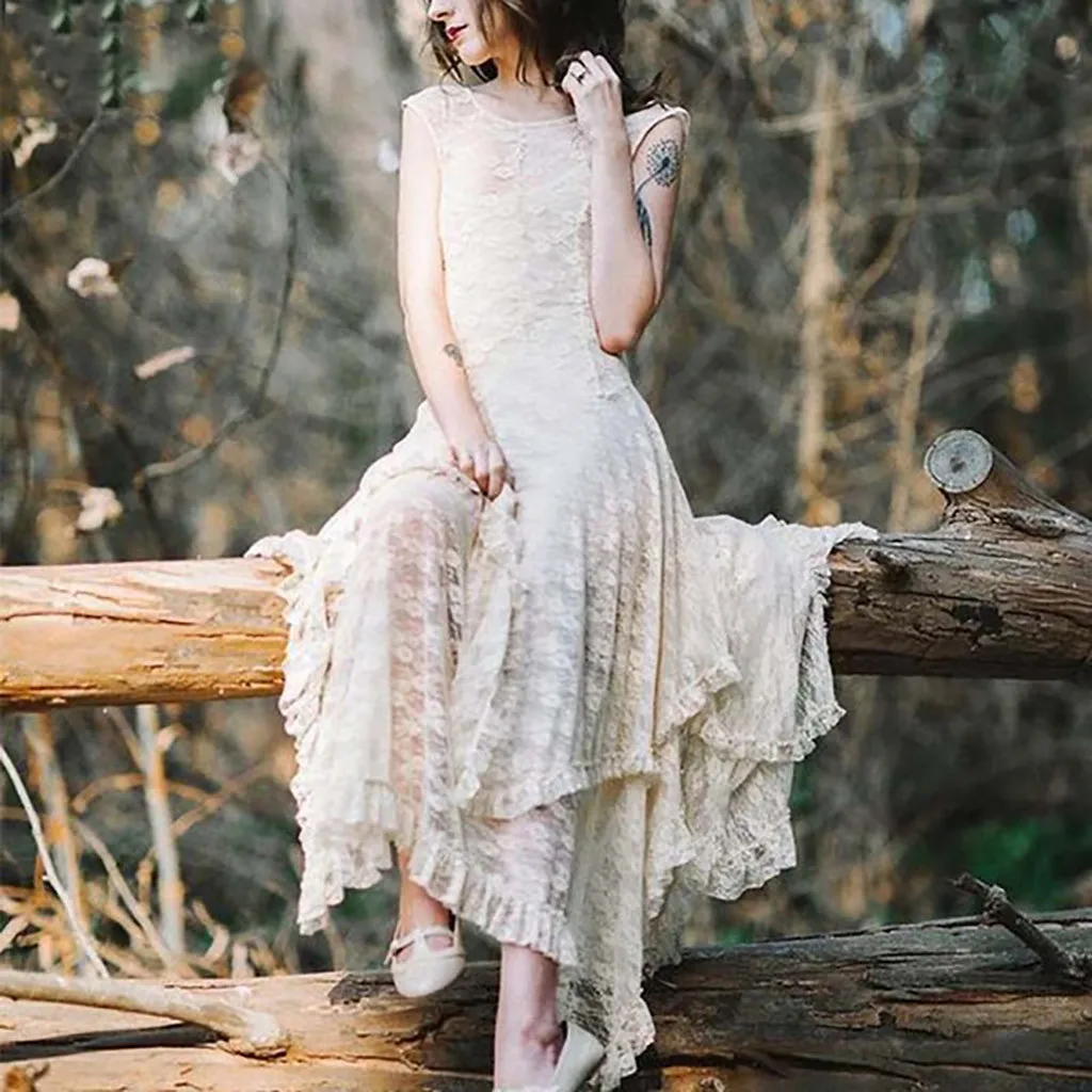 Женские Boho кружевное платье с неравномерным подолом пикантные двойной оборками