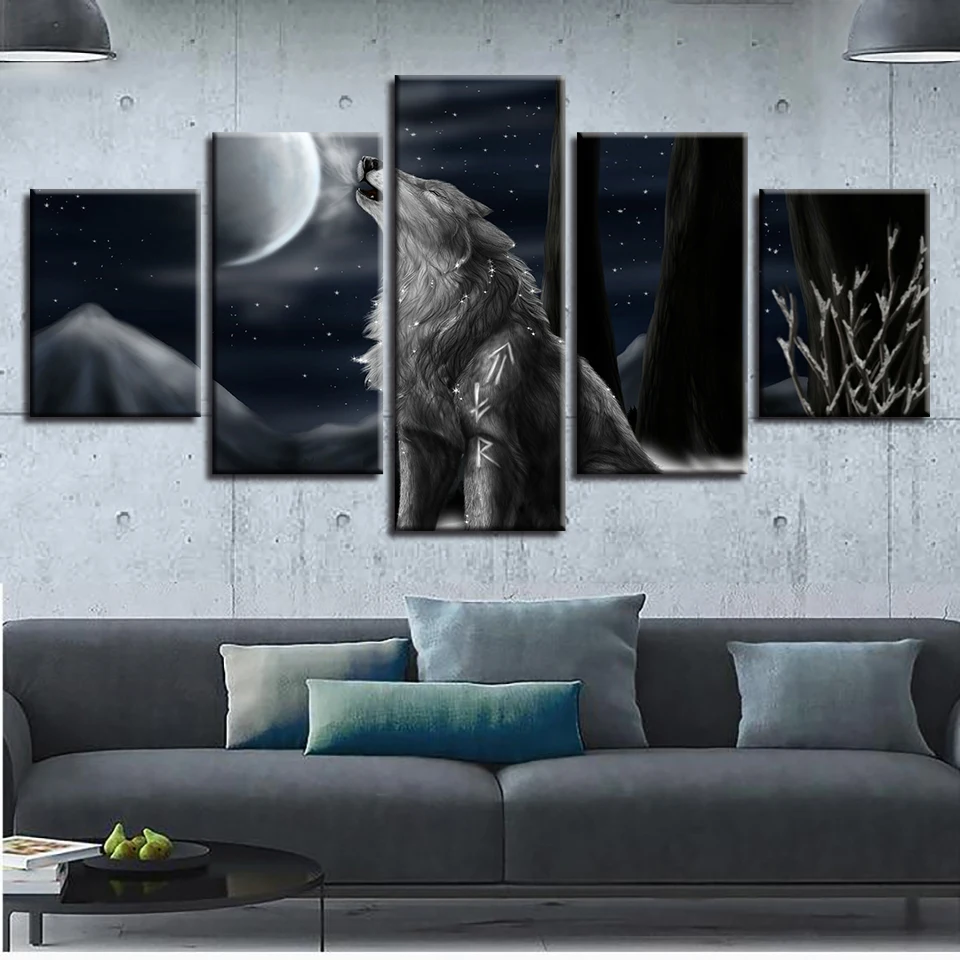

Scenery Pictures Decor Home Room Wall Art 5 Pieces Animal Wolf Howl At Moon Night Painting HD Prints Frame Modular Canvas Poster