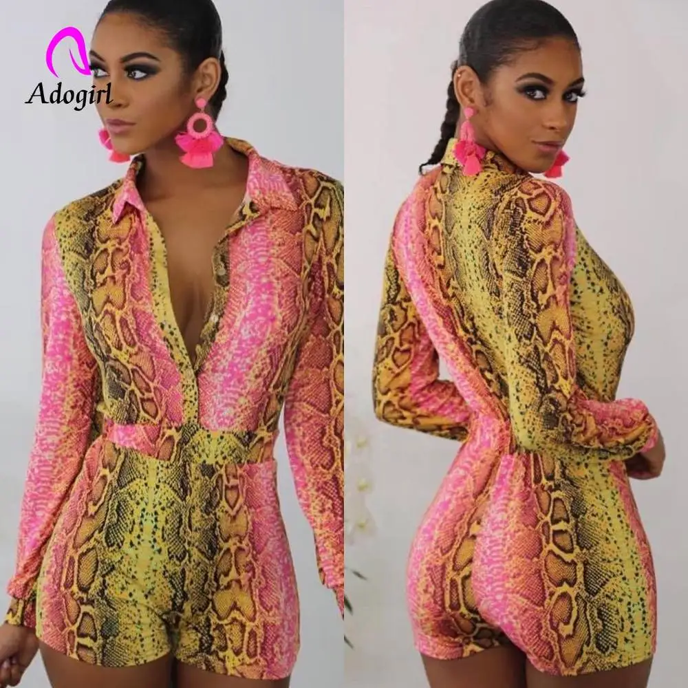 Women Work Jumpsuit Serpentine Printed Long Sleeve Playsuit Spring Turn Down Collar Button Up High Street Party Short Overall | Женская