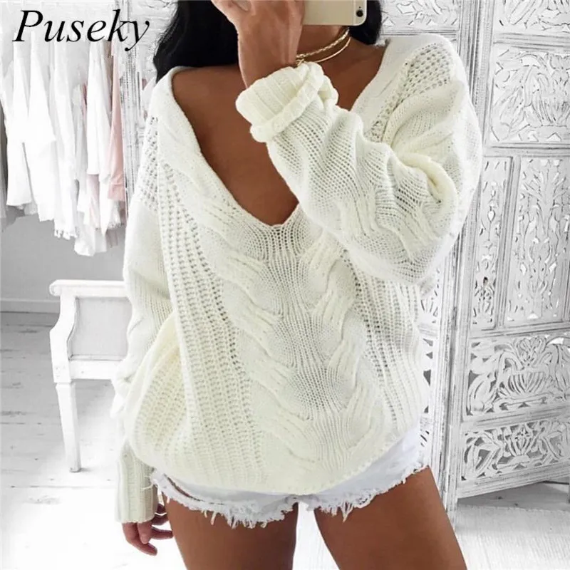 2018 осенний белый пуловер свитер сексуальный глубокий v-образный вырез свитера и