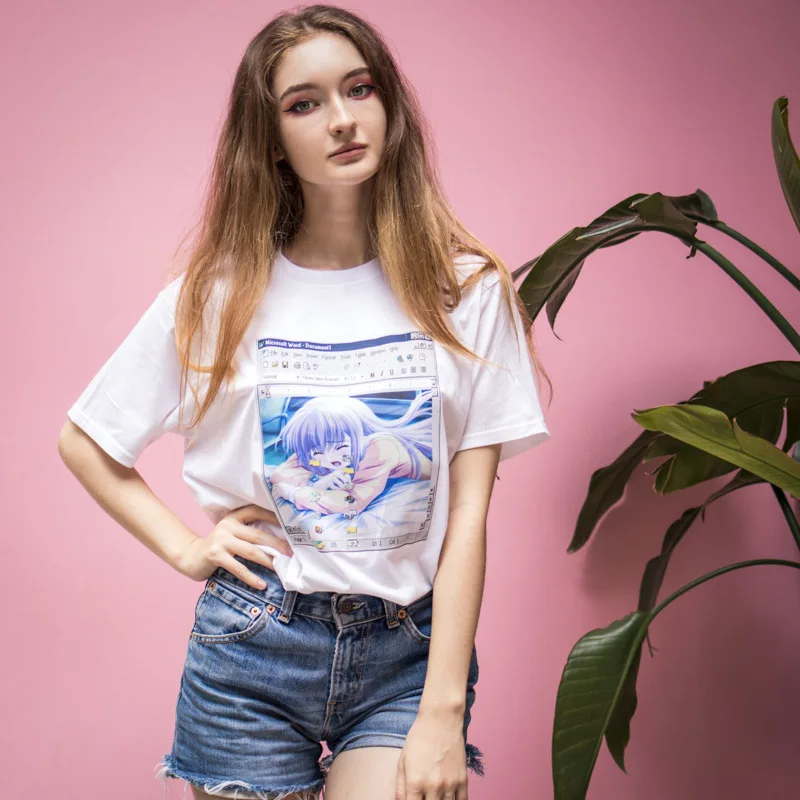 Аниме слезы плача девушки WINDOWS 98 печать футболка каваи harajuku ulzzang Корея Япония