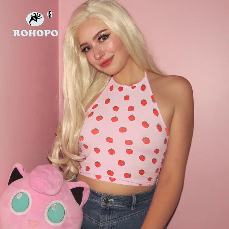 ROHOPO розовый милый топ без рукавов с завязками на шее Клубничная Мода для веганов