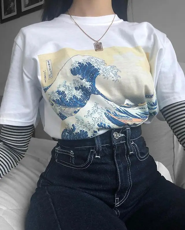 PUDO HJN Summer Unisex Tumblr Fashion Hokusai Japanese Painting Under The Wave Off Kanagawa White TShirt Short Sleeve Cotton Tee | Женская