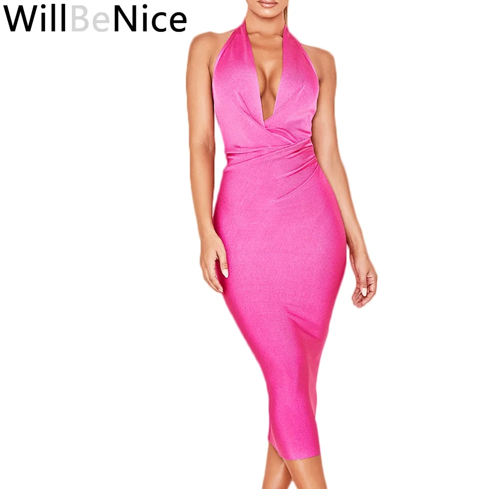 Фото WillBeNice новинка 2019 элегантное женское платье до середины икры ярко розовое