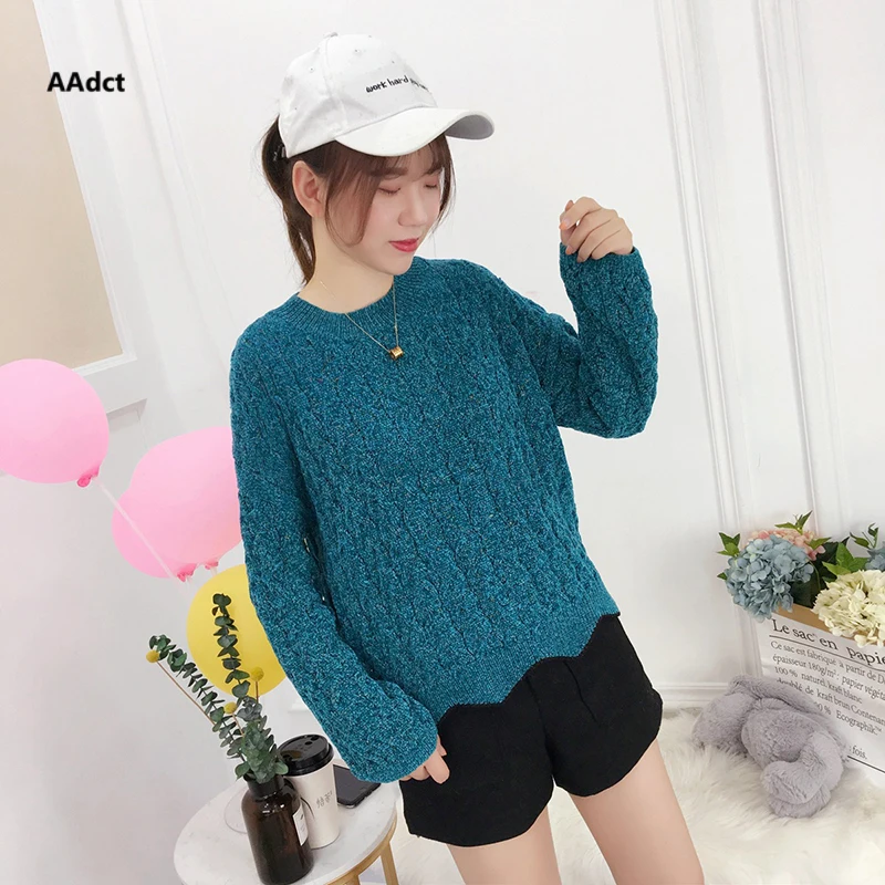 AAdct 2018 Autumn new round neck line Women jumper Sweater shini knit Slim inside jacket shirt wind sweater pullover female | Женская