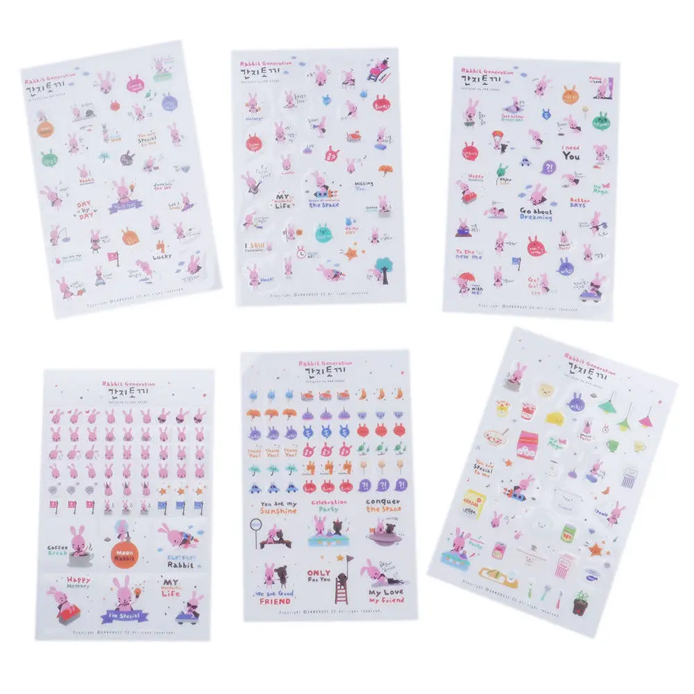 

(6 sheets/lot) PVC Cute Rabbit Cartoon Stickers Diy Scrapbooking Kawaii Stationery School Supplies