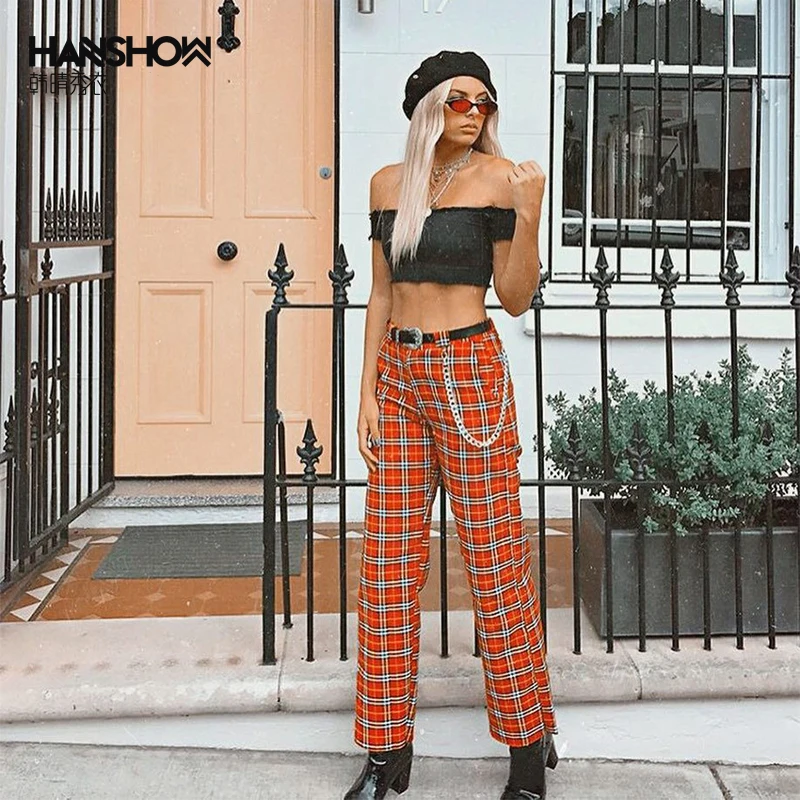 HANSHOW 2018 Лето Pantalon Mujer винтажный Красный Желтый Розовый плед клетчатые брюки