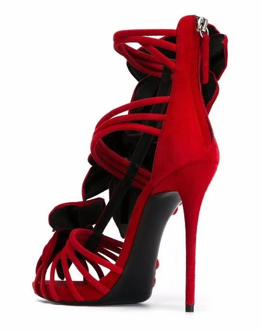 Пикантные красные женские босоножки на высоком каблуке с цветочным узором