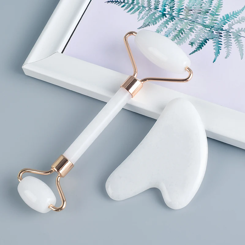 

Natural Crystal Roller Gua Sha Set White Jade Acupuntura Massage SPA Therapy Back Head Foot Scraper Face Lift Stone Massage Tool