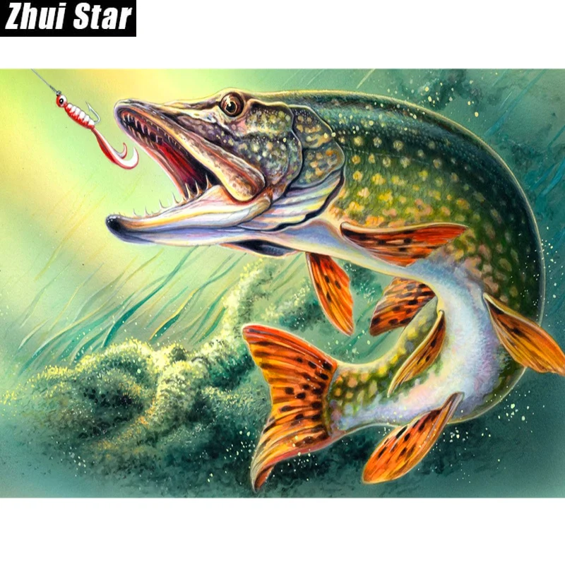 Алмазная 5D картина Зеленая рыба Zhui Star с полными квадратными стразами вышивка
