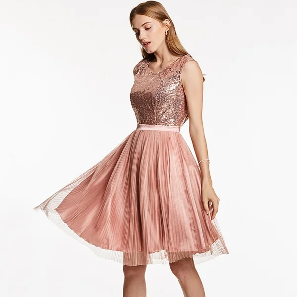 pink Tanpell коктейльное платье с глубоким вырезом на спине, розовое платье без рукавов длиной до колена, платье трапециевидной формы, Дешевые Женские коктейльные платья с блестками и складками - Цвет: pink