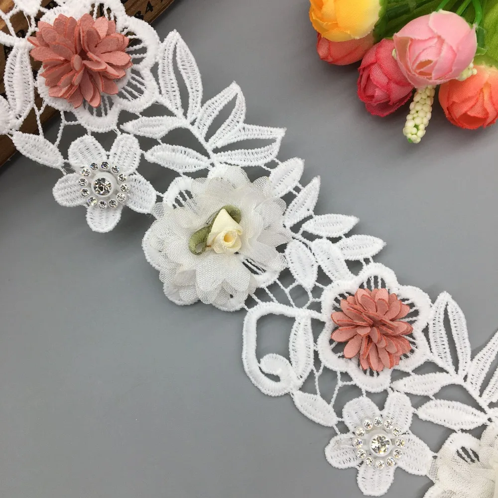 Растворимый хлопок 3D Роза цветы кружевная отделка Алмазная вышитая лента Guipur