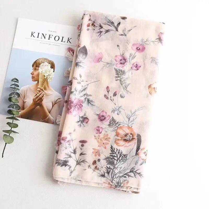 Новые модели для 2018 дамы цветочный принт шарфы хлопок и лен кисточки пляжные