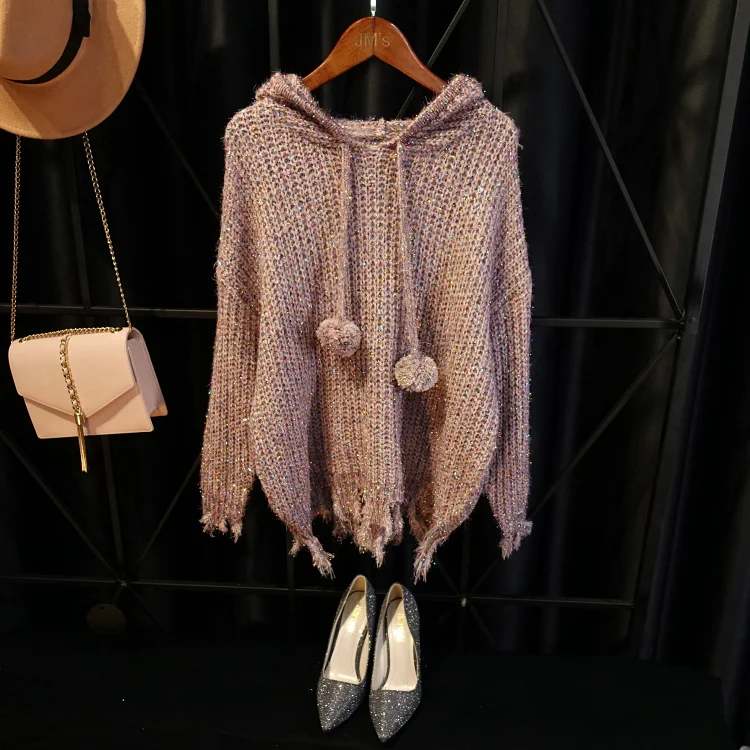 Cakucool New Gold Silver Lurex Sweater Autumn Hooded Long Sleeve Jumpers Ripped Holes Bling Casual Knit Pull Sweaters Top Female | Женская