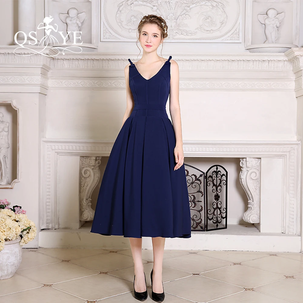 Темно Синие атласные вечерние платья длиной до колена 2017 Vestidos с v образным
