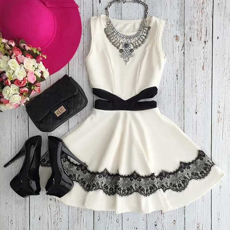 2019 Круглый вырез без рукавов Полые Сексуальные черные и белые слово сексуальное