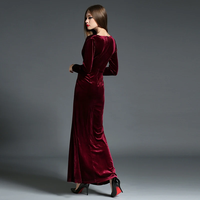Женское бархатное платье-футляр макси однотонное платье с длинным рукавом