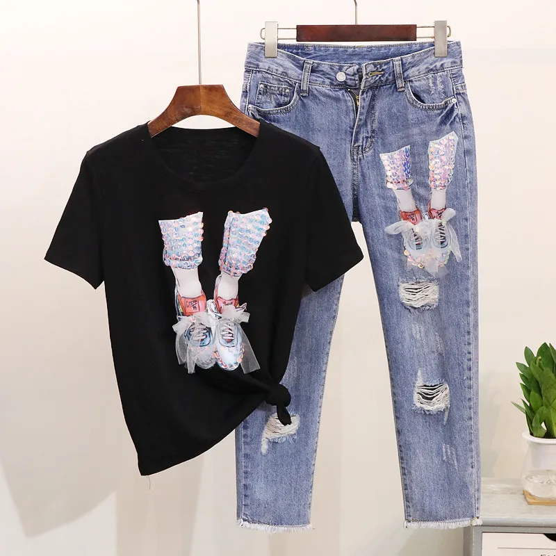 Женский костюм двойка с блестками футболка 3d рисунком из мультфильма и ажурные