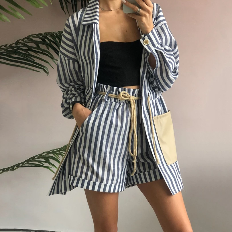 

2020 Top Fashion Limited Drawstring Women's Long-sleeved Waist V-neck Pocket Suit High Shorts 2 Piece Fashion Casual Autumn