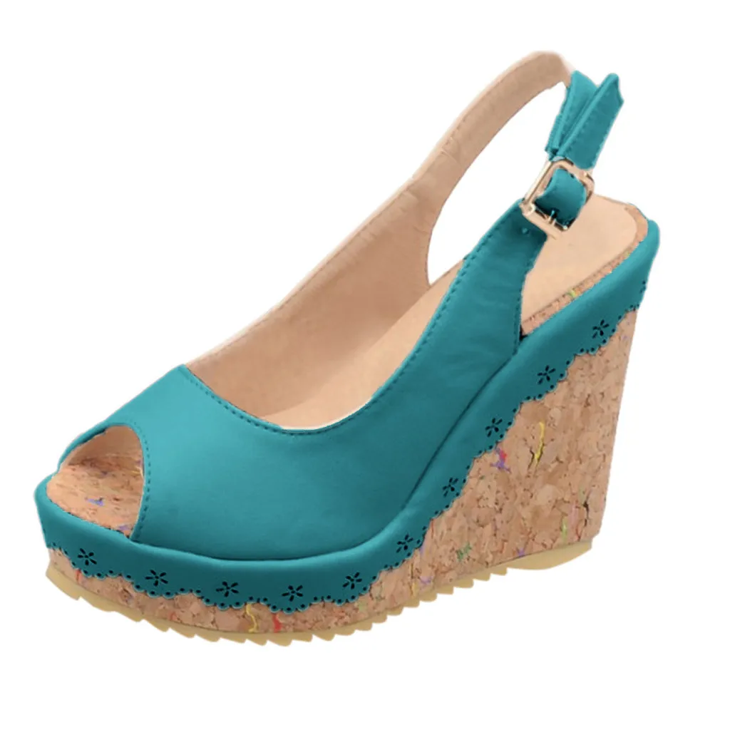 Зеленый Летние туфли; женские туфли на танкетке с открытым носком; zapatos mujer; коллекция года; сандалии с ремешками на пряжках; женская обувь; chaussures femme - Цвет: Зеленый