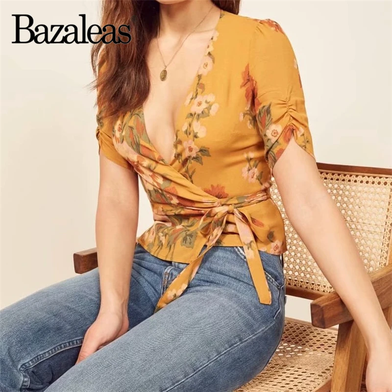 Orange Floral Print Blouse 2019 Wrap Shirt V Neck crop Blusa Feminina Vintage Chiffon Women Top and |