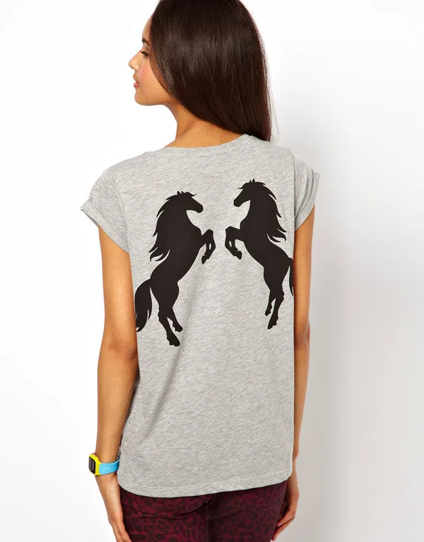 New 2015 Summer Shirt Women Short Sleeve O Neck T Shirts Back standing Pair Horses Pattern Tops Casual Clothes In Stock | Женская одежда