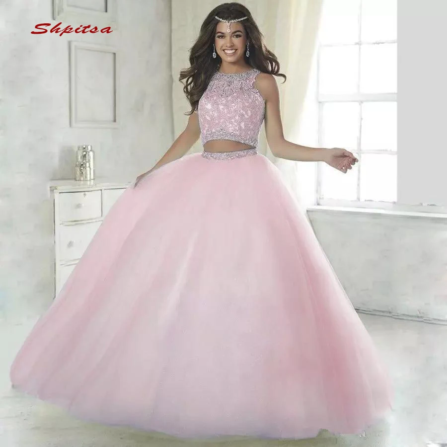 Роскошное платье Quinceanera с кристаллами бальное из 2 частей блестками Тюлевое для