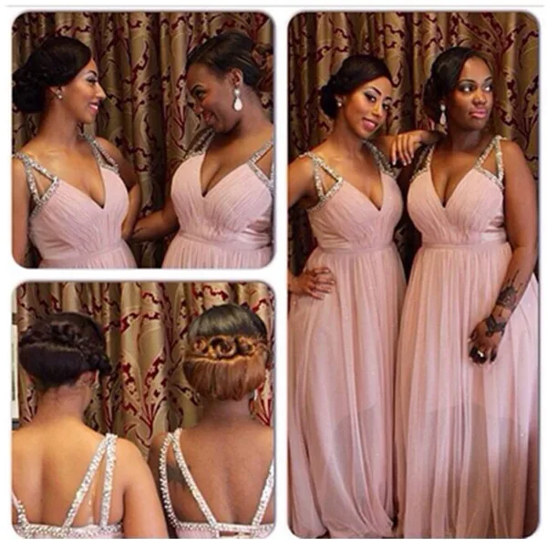 

New Pleated Deep V Neck Crystal Chiffon Sexy Long Bridesmaid Dress Blush Plus Size Prom Gown Wedding Party Criss Cross Straps
