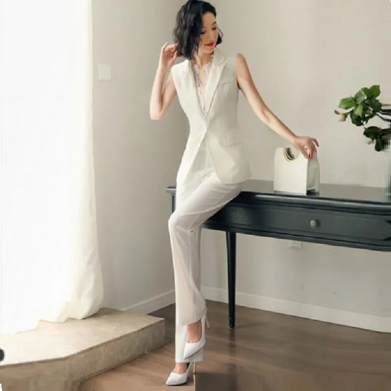 Женский офисный костюм белые брюки и топ Офисная форма корейский деловой