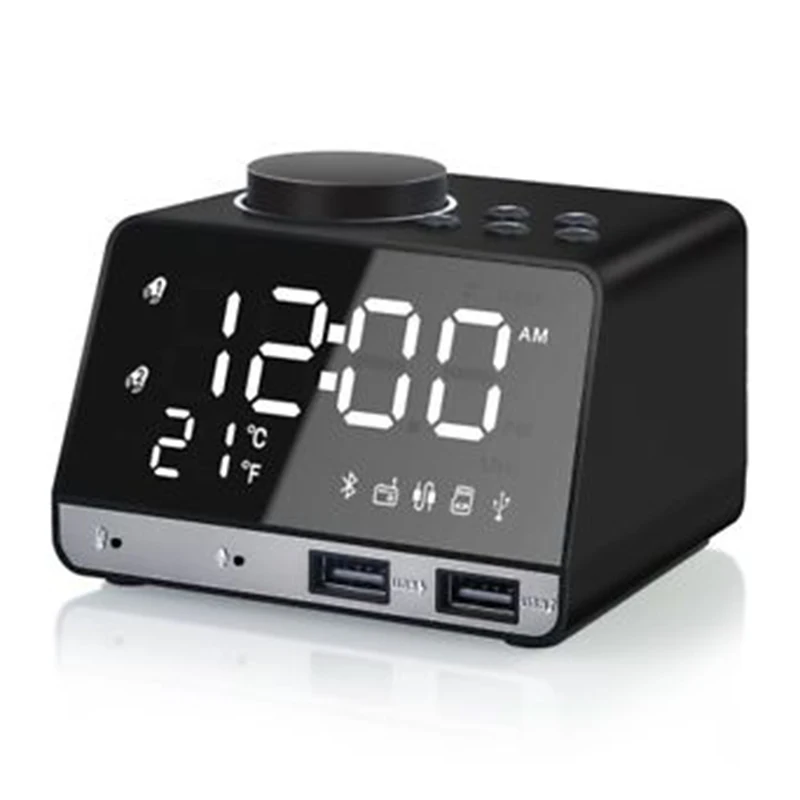Black EU Plug Беспроводной Bluetooth бас динамик FM радио зеркало светодиодный двойной будильник USB зарядное устройство - Цвет: Black EU Plug