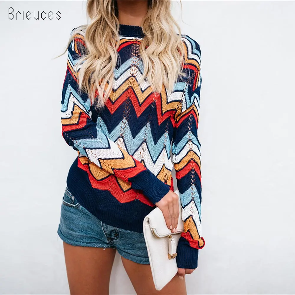 Brieuces autumn winter knitted sweater pullover Women loose full sleeve hollow Runway rainbow sweet Sweater street star | Женская одежда