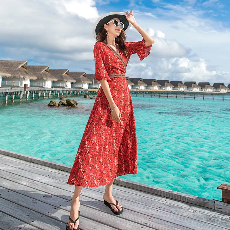 V-neck Print Maxi Bohemia Loose Vintage Tassel Summer Autumn Women Long Dress short Sleeve Dresses Female QW | Женская одежда