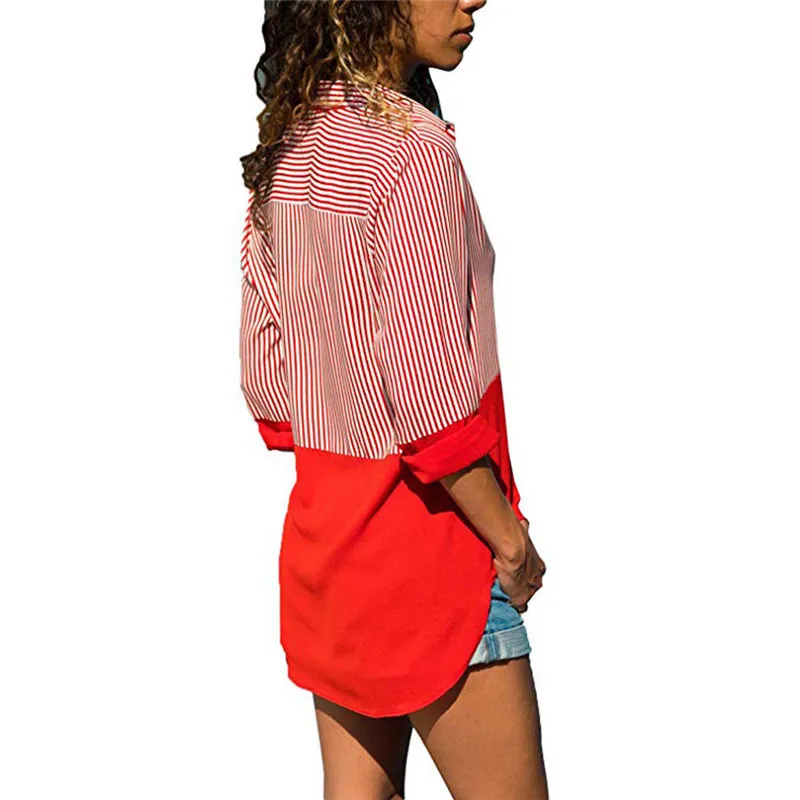 

New Womens Long Sleeve V Neck Striped Shirts Autumn Summer Ladies Casual Loose Tops Blouse Patchwork Formal Plus Size Blouse 5XL