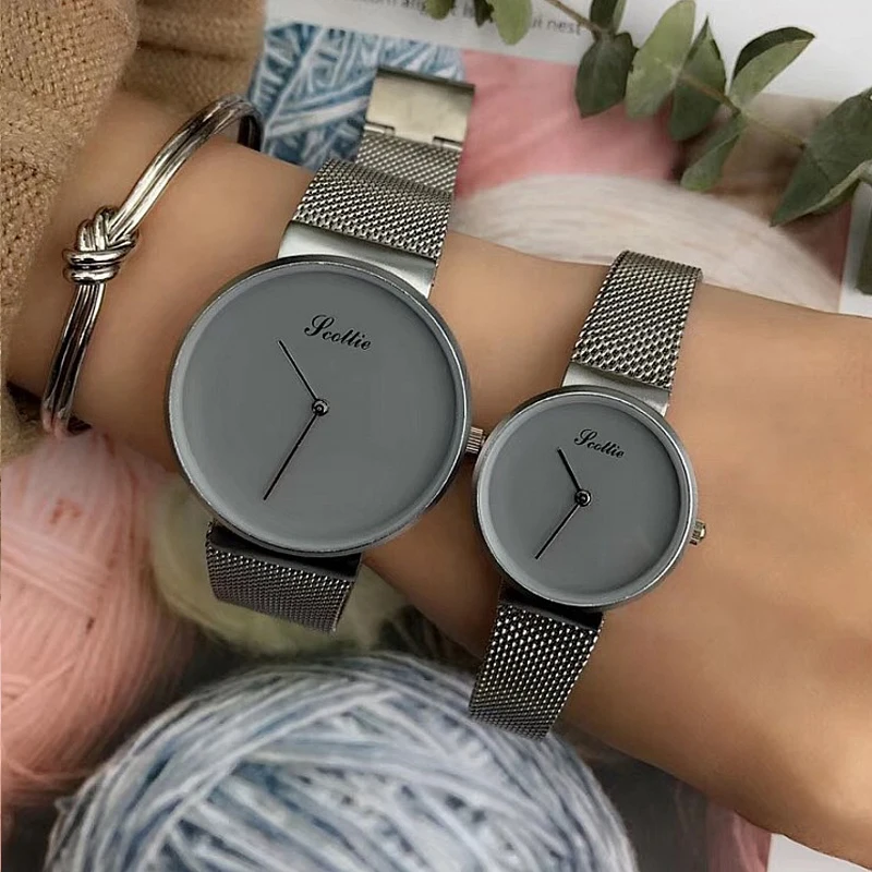Новые ультра тонкие парные часы с простым сетчатым ремешком кварцевые наручные