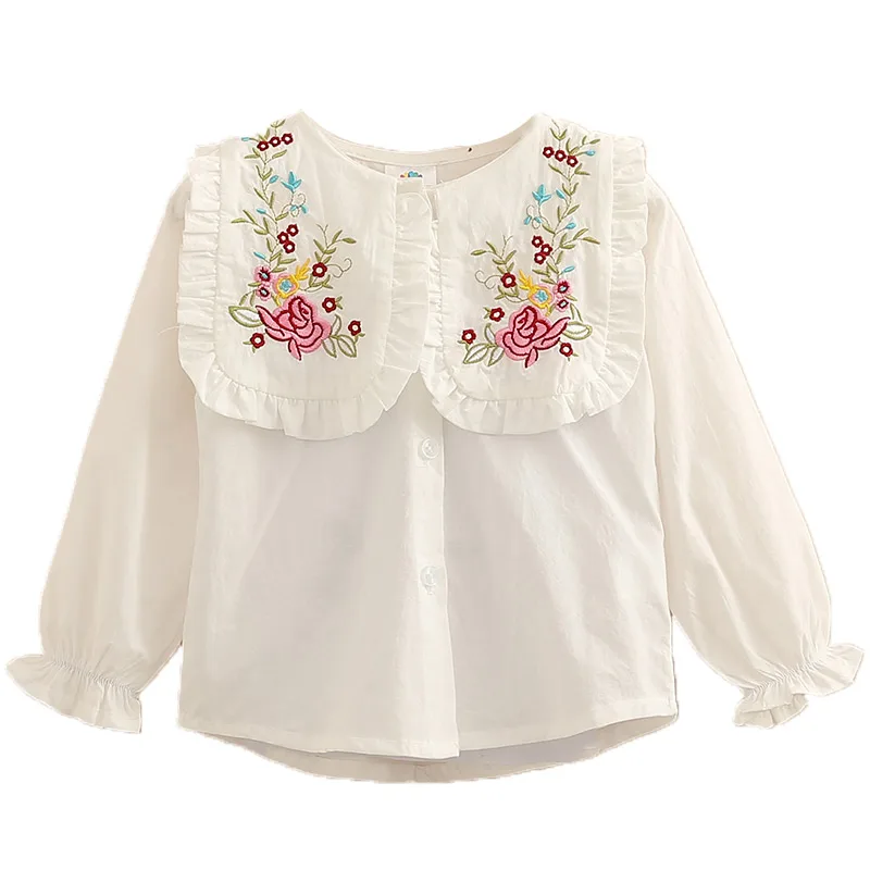 Детская хлопковая белая блузка с длинными рукавами и вышитыми цветами для