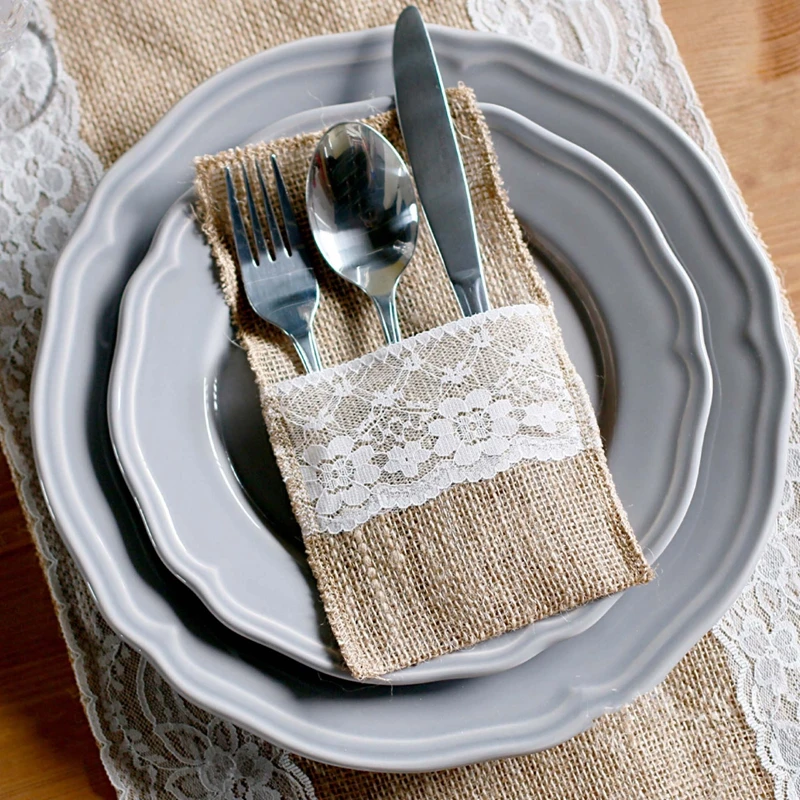 30PC DIY Rustic Vintage Wedding Lace Tableware Pouch Fork Knife Holder Pocket Jute Burlap Party Table Decoration 4&quotx8&quot | Дом и сад