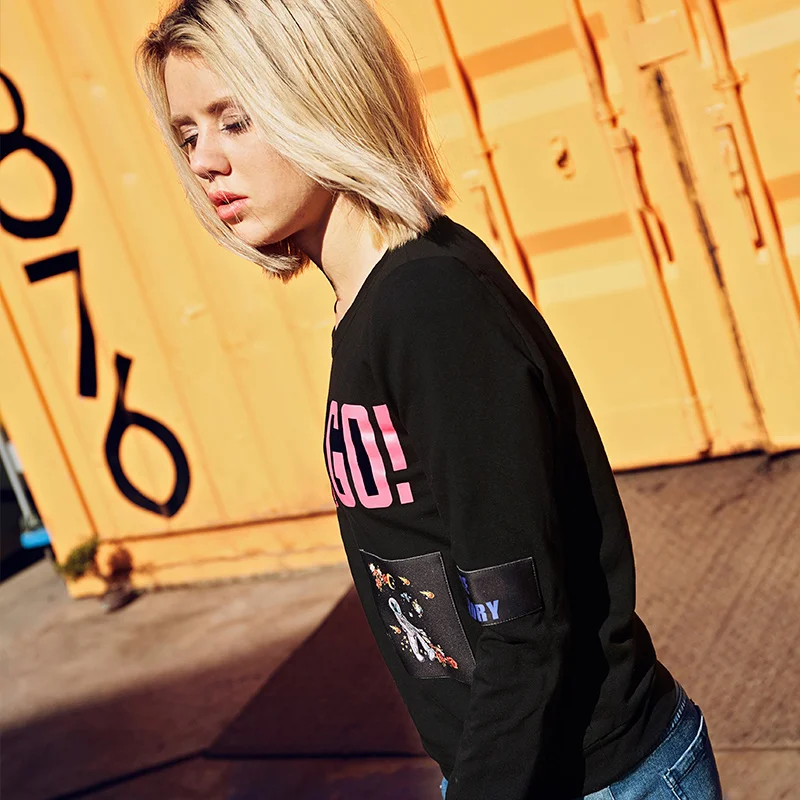 Женский Повседневный пуловер с круглым вырезом черный Свободный длинным рукавом