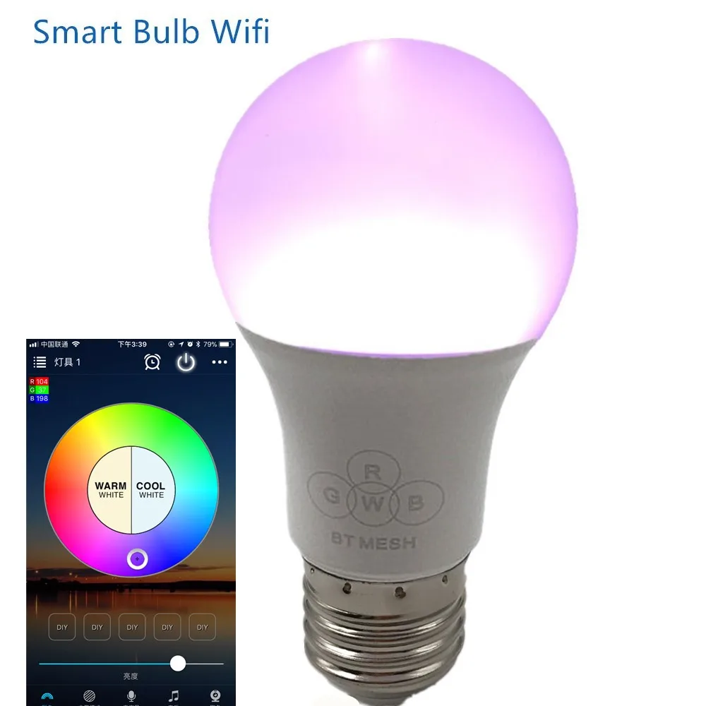 Умная лампа E27 Wifi RGB W с регулируемой яркостью Светодиодная работает 16 миллионов