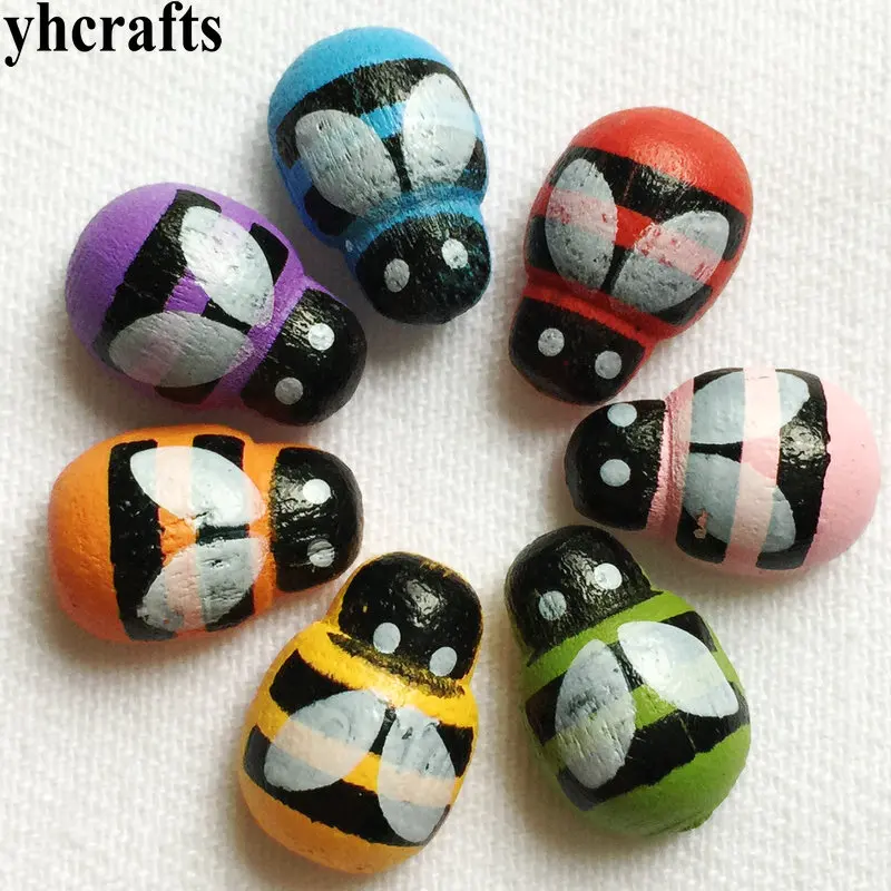 

100PCS/LOT Mini colorful bee wood stickers Ladybug apple animals smile stickers Early learning educational toys Wall ornament