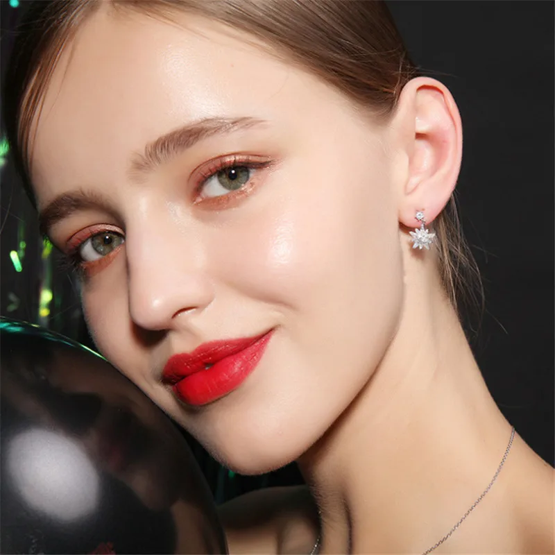

New Fashion Geometric Luxury Cubic Zirconia Asymmetric Star Snowflake Earrings For Women Classic Jewelry Silver Color Pendientes