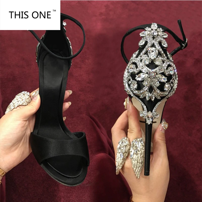 

Brand Crystal Heels Women Pumps Pointed Toe Ankle Strap High Heels Dress Shoes Black Cut-out Spring Party Shoes Plus size