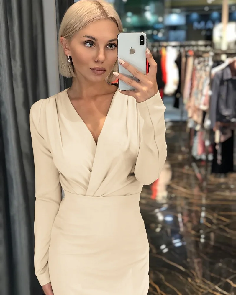 VIEUNSTA, 2XL, сексуальные вечерние платья с глубоким v-образным вырезом и рюшами, женское весеннее однотонное облегающее платье с длинным рукавом, Элегантные Платья До Колена